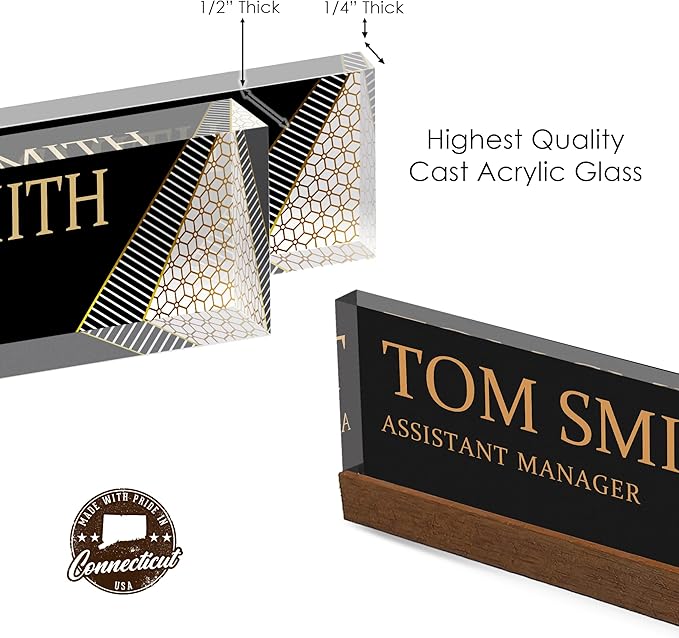 Artblox Personalized Office Desk Name Plate and Business Card Holder | Clear Acrylic Glass with Teak Wood Stand | Abstract Shapes Design Customized with Your Name and Credentials Office Desk Décor