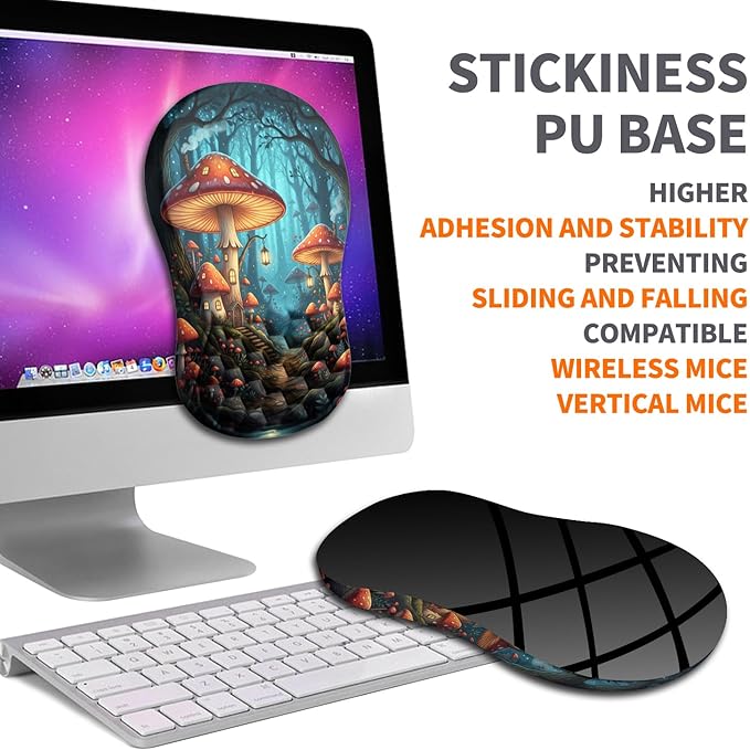 Ergonomic Joint Wrist Support Mouse Pad with Memory Foam Cushion Massage Bump, Carpal Tunnel Pain Relief Mousepad Slope Design for Wrist Rest, 11.8x7.9 in, Mushroom