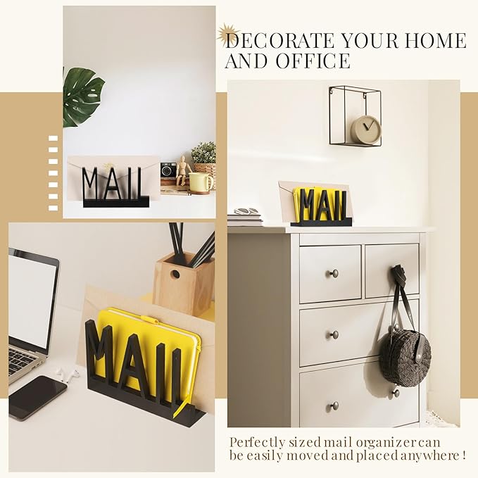 Mail Organizer Holder Organizer Countertop Modern Wooden Black Letter Holder with Cutout Lettering Design Outgoing Mail Holders for Office Desktop Envelope and Document Storage Rack