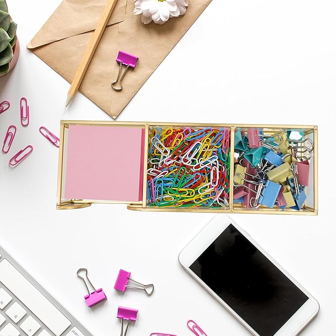 3 x 3 Inch Sticky Note Holder Gold Glass Post It Note Dispenser, 3 Slot Sticky Note Dispenser, Stylish Post It Holder for Home Office Desk Decor