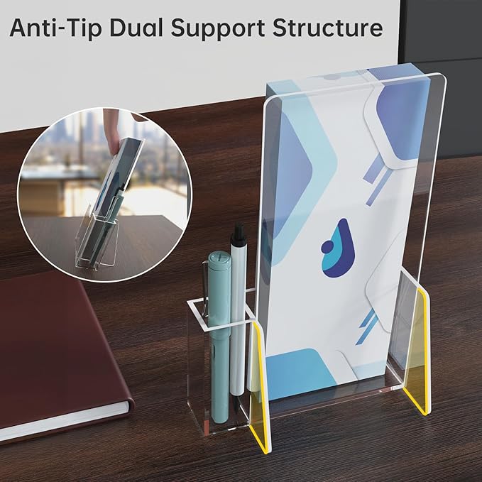 2-Pack Clear Acrylic Brochure Holders 4x9 with Pen Slot, Countertop Display Stands for Flyers, Pamphlets, Menus, Rack Cards, Magazines, Leaflets, Sturdy Back Panels for Desk or Reception Use