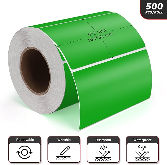 Meitaat Green Rectangle Stickers 4 x 2 Inch Color Coding Labels Vinyl Roll Self-Adhesive Waterproof Removable 500 PCS