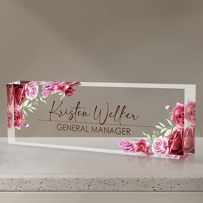 Personalized Name Plate for Desk, Custom Desk Name Plate, Acrylic Name Plate Office Desk Accessories, Personalized Office Gifts for Coworkers Teachers, Employee Appreciation Gifts (A-Rose)