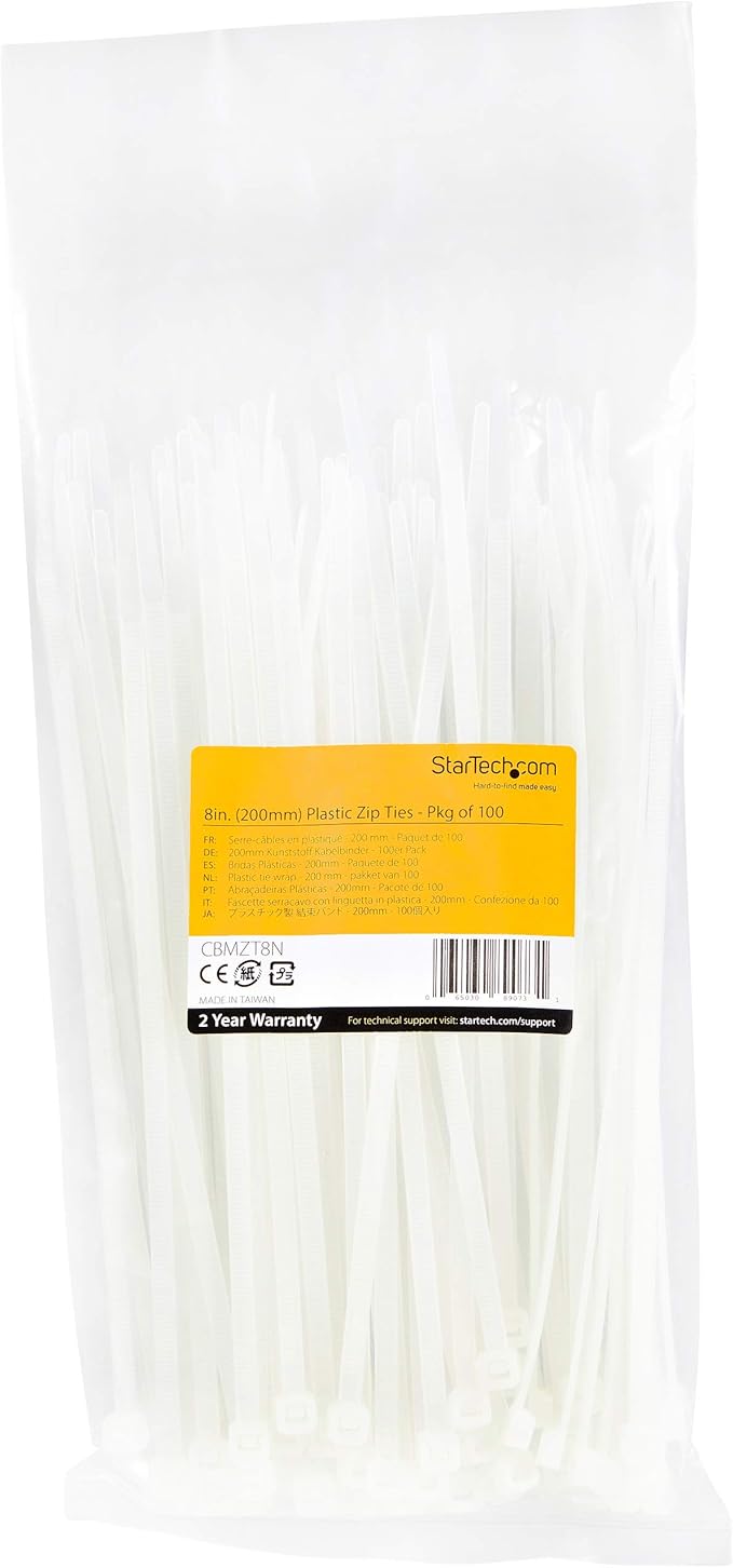 StarTech.com 8"(20cm) Cable Ties - 1/8"(4mm) Wide, 2-1/8"(55mm) Bundle Diameter, 50lb(22kg) Tensile Strength, Nylon Self Locking Zip Ties with Curved Tip - 94V-2/UL Listed, 100 Pack - White, TAA