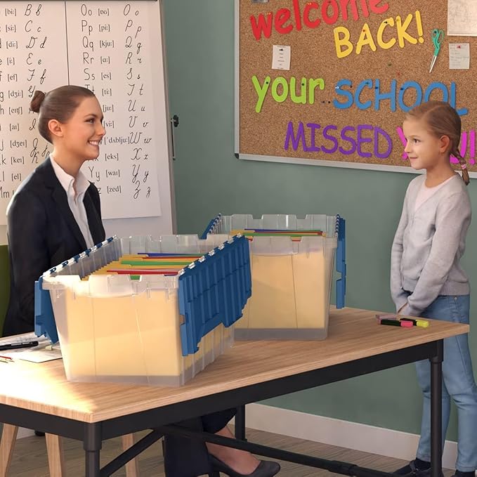 Akro-Mils KeepBox 12 Gallon Storage Container, Nesting and Stackable Plastic Storage Box with Lid Attached and Rails for Letter Size Hanging File Folders, 21" x 15" x 12", Clear/Blue