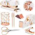 Rose Gold Marble Desk Accessories, Office Supplies Set Stapler Staple Remover, Tape Holder, Pen 2 Ballpoint Pen, Scissor, Binder Clips, Paper Clips and 1000pcs Staples