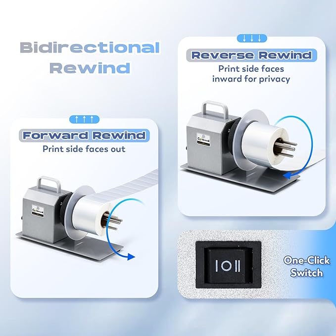 CGOLDENWALL Compact Quiet Automatic Label Rewinder, 1-12"/s Bidirectional Rewind, Coreless/1-1.5" Core Quick Adjust, Max. Label Dia. 5.5" Width 4.3", Auto Sync with Printer, Space-Saving