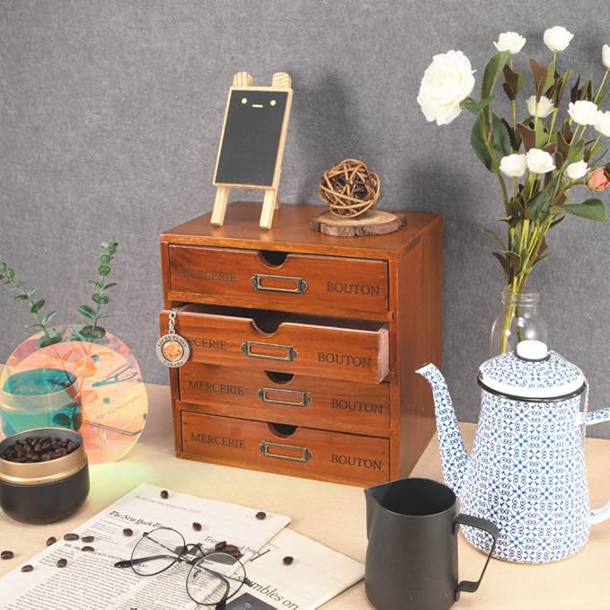 Wooden Storage Box with 4 Drawers Vintage Office Supplies and Accessories Letter Tray Wood Desktop School Supply Organizer Library Card Catalog Cabinet with Lables Rustic Jewelry Box (BROWN)