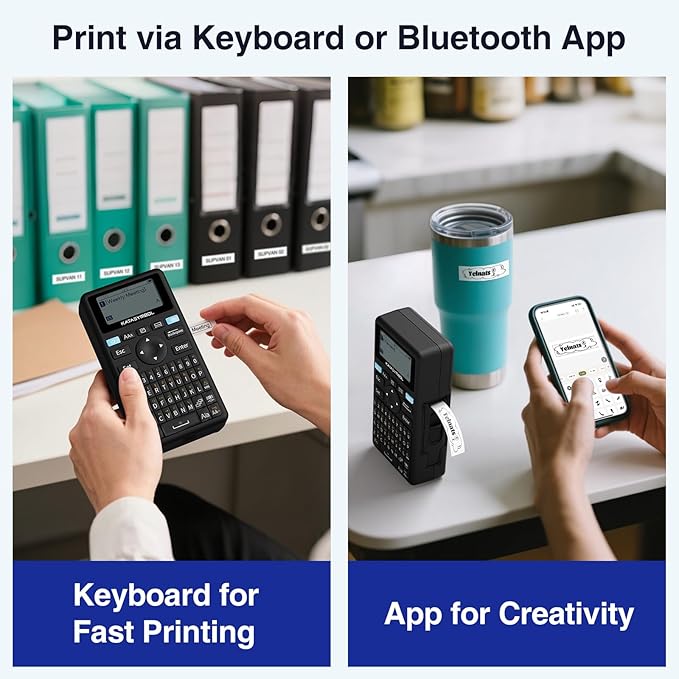 SUPVAN E11 Bluetooth Label Maker Machine with 4 Tapes, Support Keyboard & App with 40 Fonts and 650+ Icons, Rechargeable Inkless Labeler for Home, Kitchen, Office, School, Organization, Black