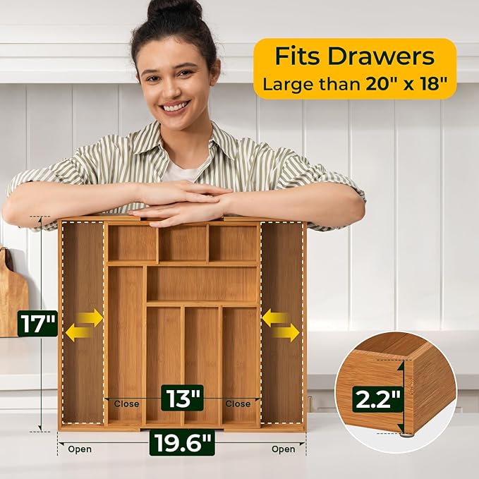 Carbonized Bamboo Kitchen Drawer Organizer, 10 Slots Expandable Silverware Organizer, Utensil Holder & Cutlery Tray, 2.2" Deep for Extra Capacity, Non-Slip Feet Included