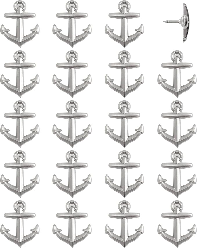 Anchor Push Pins - Silver Metal Anchor Pins - for Cork Board, Maps, or Lapel Pin Use - Designed in USA - Set of 20