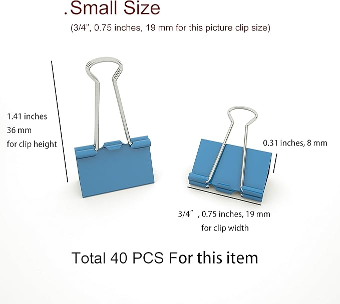 Nctinystore Binder Clips Small Metal Clamp 0.75 inch / 19 mm (Blue, 40-PCS)