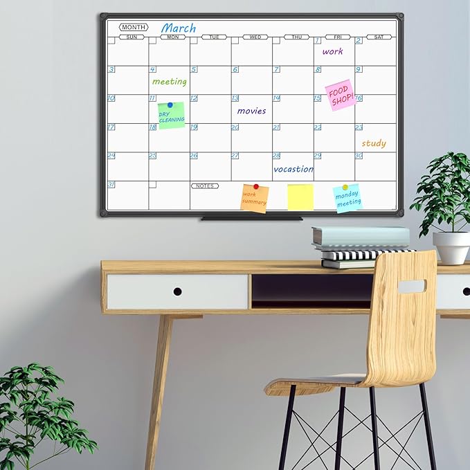 JILoffice Dry Erase Calendar Whiteboard - Magnetic White Board Calendar Monthly 36 X 24 Inch, Black Aluminum Frame Wall Mounted Board for Office Home and School