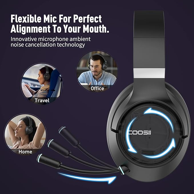 COOSII Wireless Bluetooth Headsets with Microphone for Computer, Headphone Foldable Over Ear Soft 40H with Retractable Mic, USB Dongle for PS5 PS4 PC Cellphone Laptop