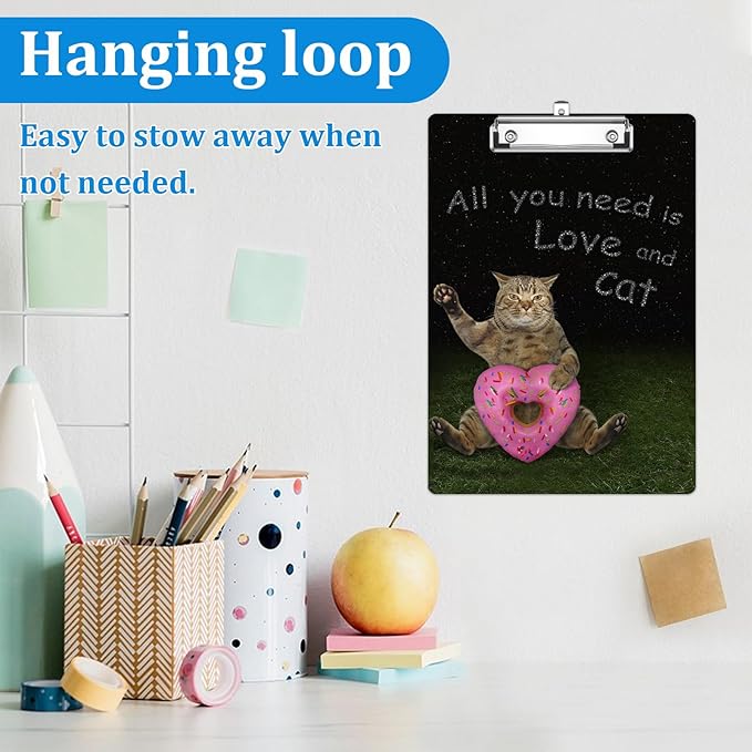 Funny Cat Heart Donut Clipboard Decorative Clip Board with Metal Clip A4 Standard Size 12.5" X 8.7" for Teacher Students Nurses Office