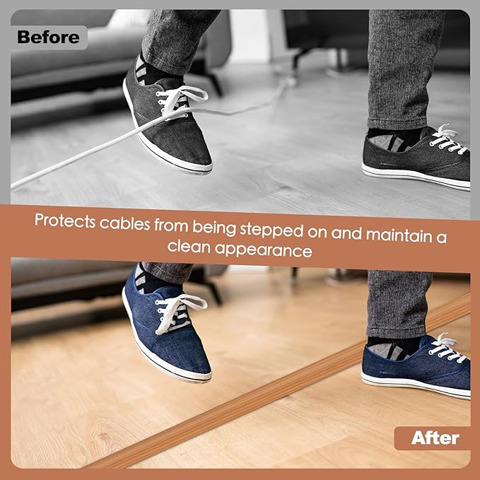 Floor Cord Cover for Wires on Floor Self Adhesive Cord Hider Floor Cable Management Wire Covers for Cords Protector Prevent Cable Trips Cord Cavity W 0.47" x H 0.27", Brown Wood, 3.3Ft