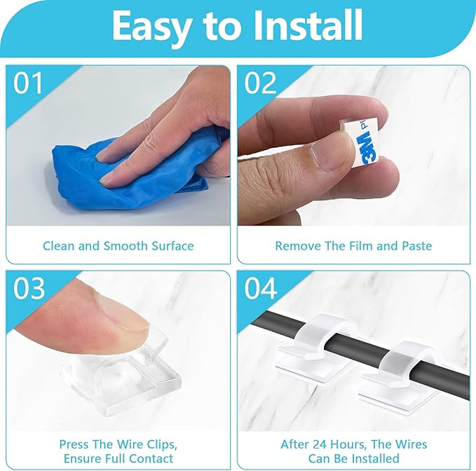 100PCS Cable Clips, Adhesive Wire Clips Organizer Cord Clips Management, Cable Staples Outdoor Strong for Wall, Desk, Christmas Lights, String Lights, TV PC Ethernet Cable, Clear Large