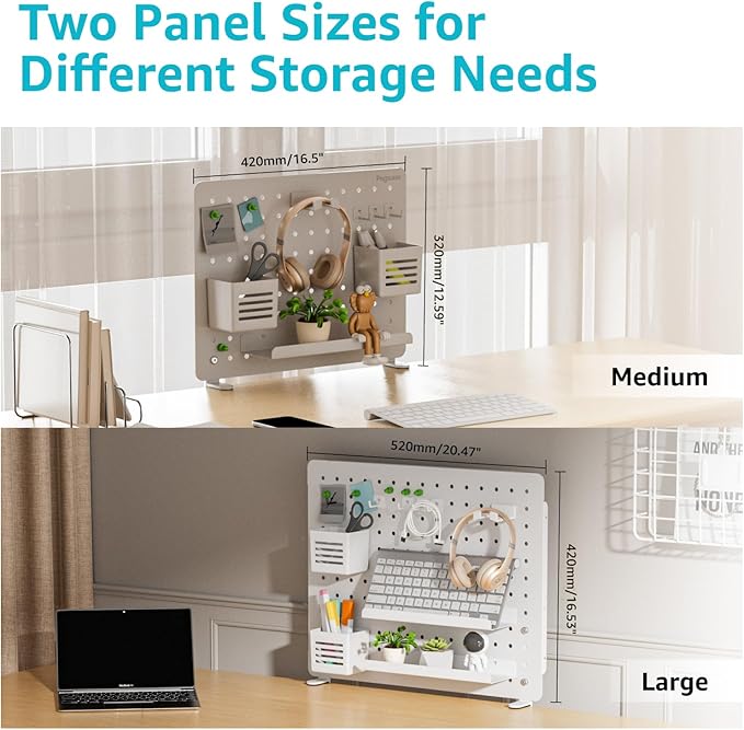 PEGZONE Clamp-on Desk Pegboard, Desk Organizer for Office Gaming Home, Magnetic Metal Peg Board with 10 Accessories, Privacy Panel for Office, 16.5" x 12.6", Medium, White