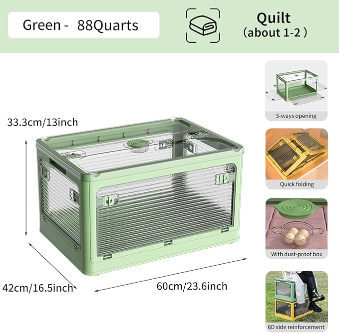 3 PACK Stackable Storage Bins, 83 Liters Closet Organizers with 3 Lids, Wheels, Drawers, Foldable Collapsible Box for Clothes and Camping Out Doors Bins, Green