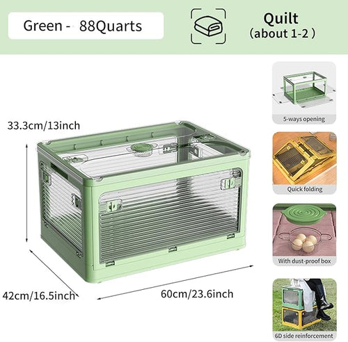 3 PACK Stackable Storage Bins, 83 Liters Closet Organizers with 3 Lids, Wheels, Drawers, Foldable Collapsible Box for Clothes and Camping Out Doors Bins, Green