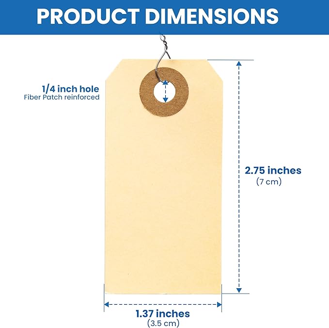 Perco Manila Shipping Tags with Metal Wires — Small Durable Blank Paper Tags 2¾″ x 1⅜″ — Ideal for Labeling and Inventory Use — Box of 100