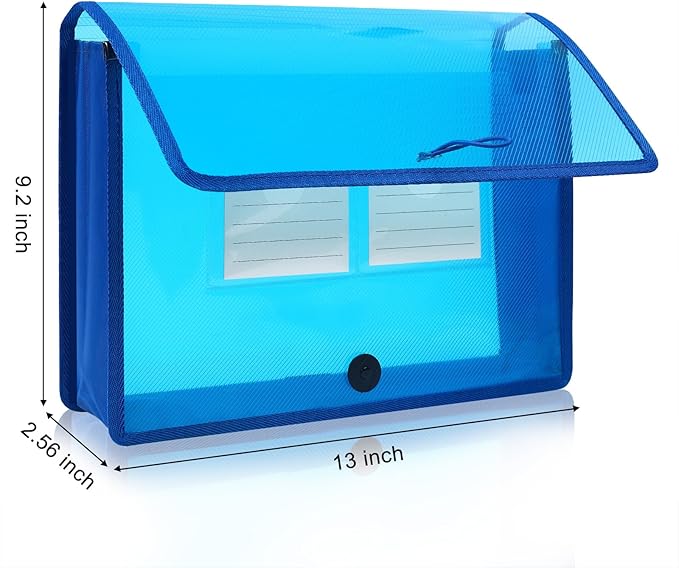 Eco-Friendly Plastic File Folders, 5 Pack Poly Expanding File Wallet, Expandable Envelope Organizer Document Folder with Elastic Band and Button Closure, with Small Two Pockets, Blue