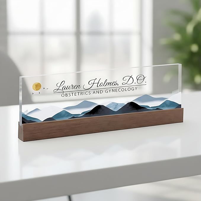 ARTBLOX | Office Personalized Name Plate Mountains Design On Clear Acrylic Glass for Desk with Business Card Holder