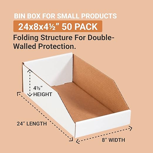 AVIDITI Cardboard Storage Bins, Open Top Bin Box, 24" L x 8" W x 4-1/2" H, 50-Pack | Small for Inventory, Organization, Parts, Garage, Warehouse or Home Cubby, Oyster White 24x8x4.5 BINMT824