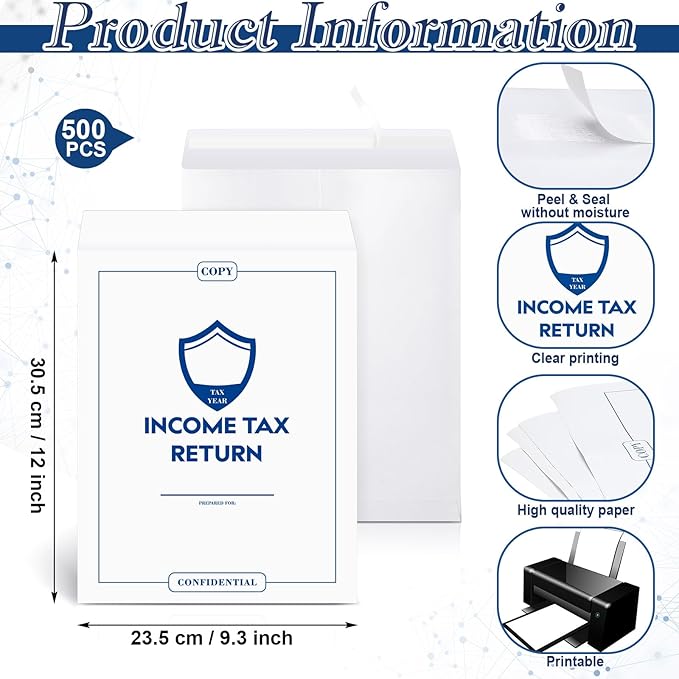 Engrowtic 500 Pcs Income Tax Return Envelope for Tax Preparers 9 x 12 Inches Open End Security Envelopes for Office Business Legal Documents Catalog Paper Mailing, White