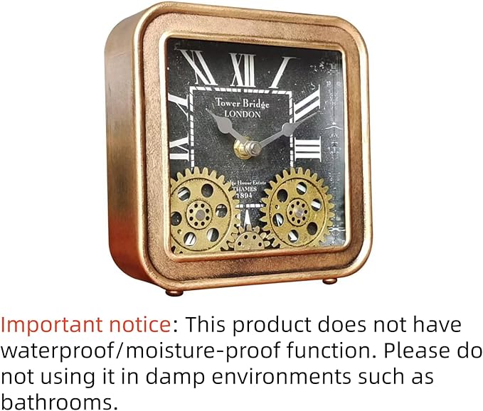 Vintage Desk Clock, 6 inch Metal Table Clocks with Moving Gears, Small Silent Non Ticking Industrial Steampunk Quartz Shelf Clock for Home Office Living Room Desk Decor Battery Operated (GOLD)