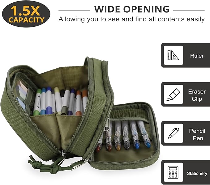 ATRIPACK Tactical Pencil Case for Boy,Large Capacity Pencil Pouch,Marker Organizer Case Pen Box, Tool Bag Desk Organizer for School College Office Organizers for Kids Men Women Adult Teens(Green)