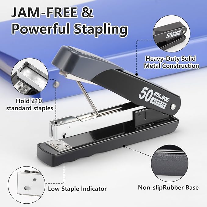 IMLIKE Metal Stapler Heavy Duty 50 Sheet Capacity, Full Strip Staplers for Desk with 6000 Staples and Staple Remover,No Jam, Non-Slip for Office & Classroom, Black