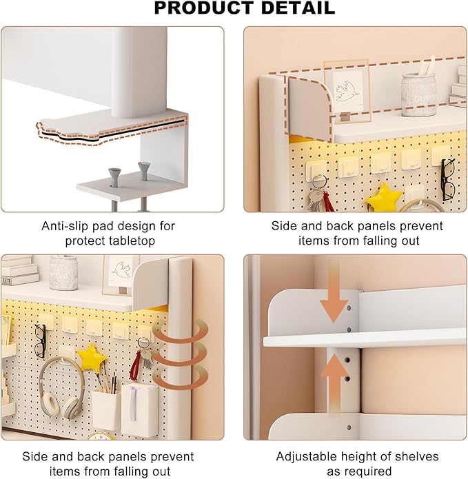 Clamp on Desk Shelf with Pegboard, White Desktop Organizer Bookshelf Storage Shelves for Home Office Dorm Gaming Desk, Space Saving Tabletop Display Rack Organization, 31.5x37.5in