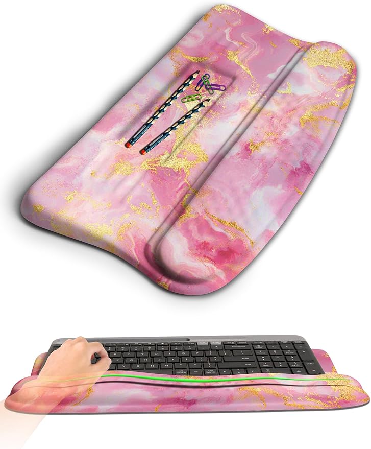Ergonomic Wave Wrist Rest with Keyboard Stand, Cushioned Palm Rest, Comfortable Integrated Memory Foam for Natural Typing and Relieve Wrist Pain, Pink Gold Marble