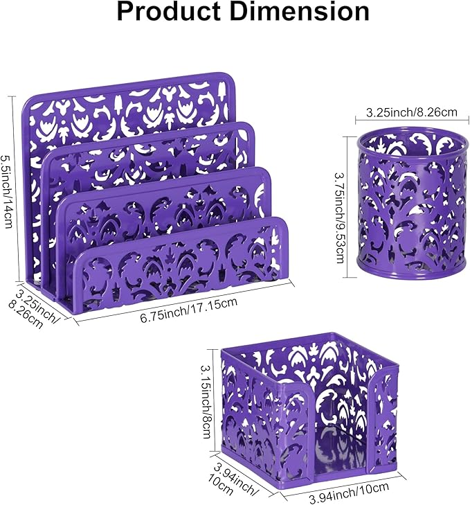EasyPAG Desk Organizers and Accessories 3 Pieces Office Organizer Set - Pen Holder for Desk, Mail Sorter Countertop and Sticky Note Holder, Purple