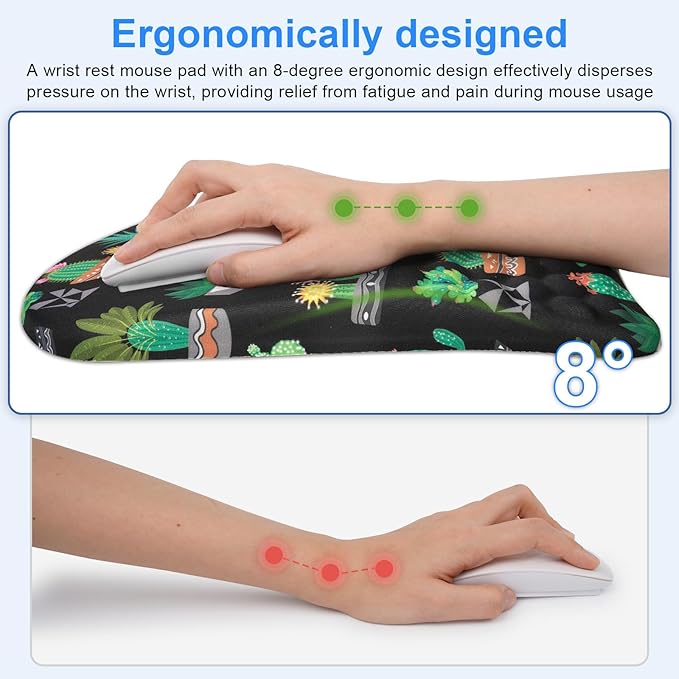 Ergonomic Wrist Mouse Pad with Massage Design, Wrist Rest Pain Relief Mousepad with Memory Foam Non-Slip PU Base, Mouse Pad with Wrist Support for Wireless Mouse & Desk, Y Potted Cactus