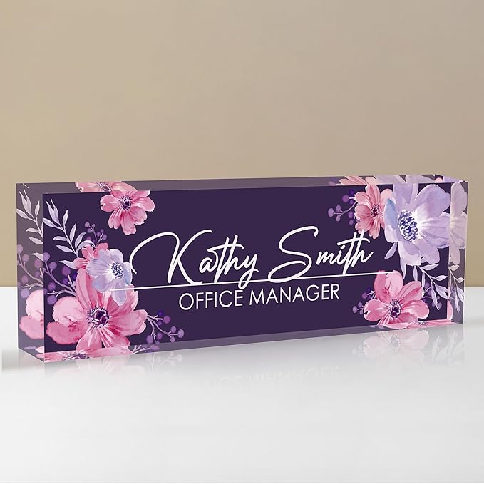 Personalized Name Plate for Desk, Custom Desk Name Plate, Acrylic Name Plate Office Desk Accessories, Personalized Office Gifts for Coworkers Teachers, Employee Appreciation Gifts (B-Watercolor)