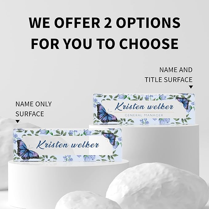 Desk Name Plate Personalized, Custom Name Plates for Desks, Office Desk Decor, Blue Butterfly Clear Acrylic Glass Block, Personalized Office Gifts for Women Men Boss Teacher Coworker Appreciation Gift