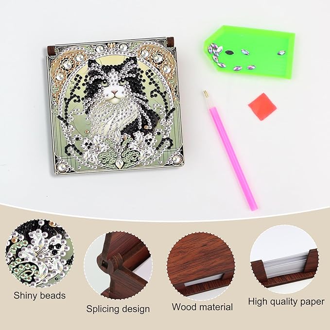 Wooden DIY Black White Cat Diamond Art Notecard Box – DIY Gem Art Sticky Note Holder for Adults 160 Sheets Memo Pad Storage
