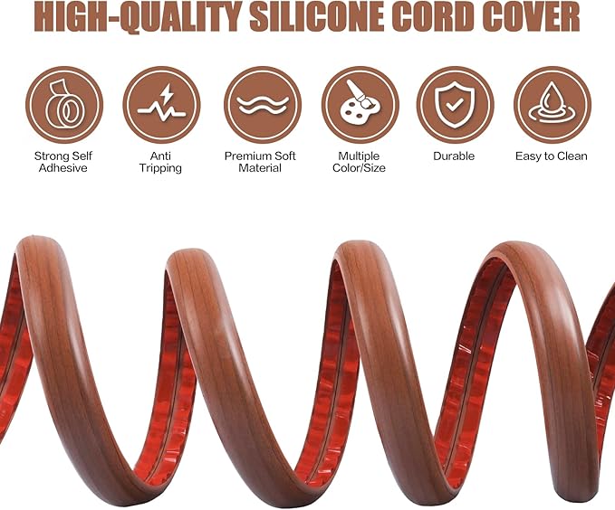 Floor Cord Cover Self Adhesive Cord Hider,20FT Cable Management, Extension Strip Protector for Wires, Prevent Cable Trips for Offices, Gyms, Exhibitions Cavity:0.39"(W) x0.27(H) Wood Red Teak