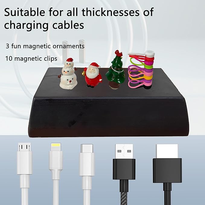 Magnetic Cord Holder Bigger Cable Wrangler Organizer with Magnet Clips for Charger Management on Desktop, Nightstand, or Side Table (Black)