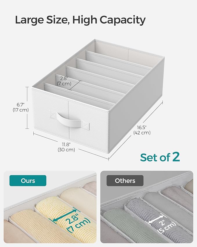 SONGMICS Set of 2 Large Size Wardrobe Clothes Organizers, 6-Compartment Foldable Drawer Organizers with Handles, 16.5 x 11.8 x 6.7 Inches, for Pants, Sweaters, Jeans, Cloud White URUS009W02