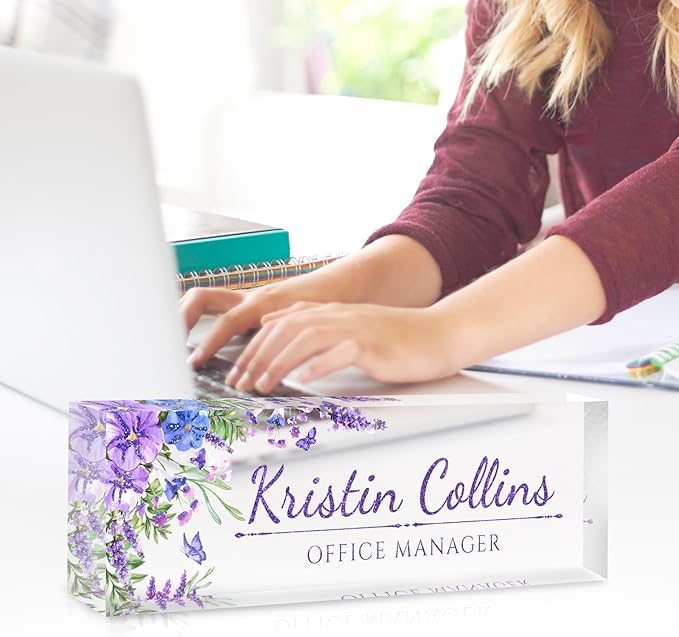 Custom Name Plate for Desk, Personalized Desk Name Plate on Clear Acrylic Glass, Appreciation Gifts for Teacher Employee Boss Coworkers Nurse, Office Desk Accessories for Women Men (Lavender)