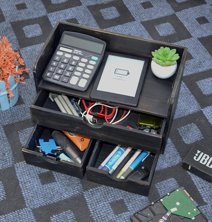 Vintage Rustic Wooden 3 Drawer with Shelf Office Desk Organizer & Mail Rack For Desktop,Box for Office Home Toiletries Supplies Vanity, No Assembly Required (Rustic Black)