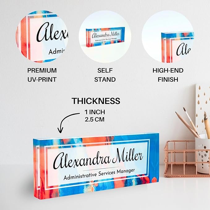 Customized Clear Acrylic Thick 8x3" Desk Name Plate Block with Personalized Logo - Professional Office Decor - Customized Acrylic Plate Gift for Teacher Co-workers, Christmas Gifts for Her, Thanksgiving Gifts (Orange-Blue Dream)