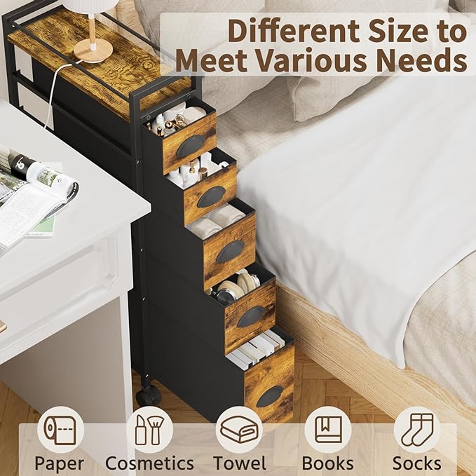 LASZOLA 5 Drawer Narrow Dresser Slim Cabinet Skinny Storage Tower Chest, Ideal for Small Spaces Bathroom Bedroom, Between Washer and Dryer, Lightweight Mobile on Wheels, Sturdy Fabric Drawers, Brown