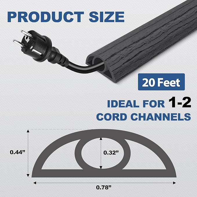 Floor Cord Cover for Wires on Floor Self Adhesive Cord Hider Floor Cable Management Wire Covers for Cords Protector Prevent Cable Trips Cord Cavity W 0.32" x H 0.32", Deep Gray Wood, 20Ft