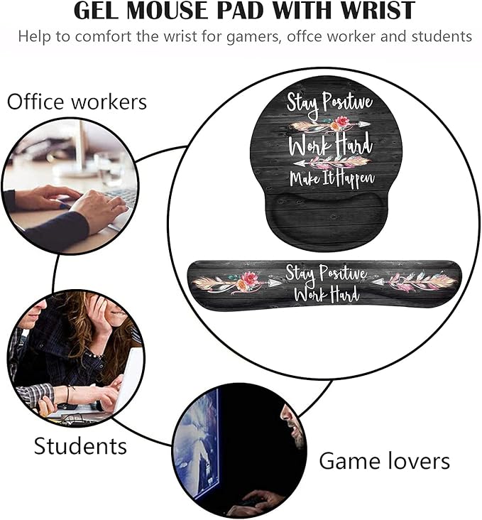 Keyboard Wrist Rest and Mouse Pad Wrist Support Set with Coasters, Stay Positive Work Hard and Make It Happen Inspirational Quote Wrist Mouse Pad with Non-Slip PU Base for Computer Laptop Home Office