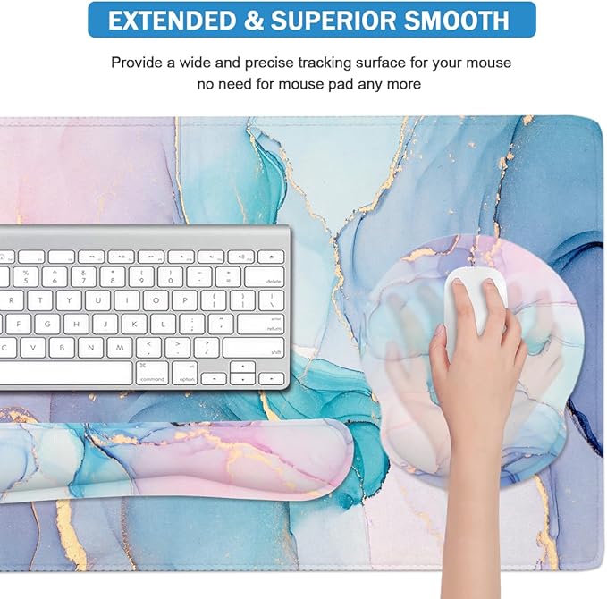 4-in-1 Gaming Mouse Pad Wrist Support Set，Desk Pad + Mouse Pad with Wrist Rest + Keyboard Wrist Rest + Coaster, Ergonomic Design for Home Office Study Game - Blue Marble