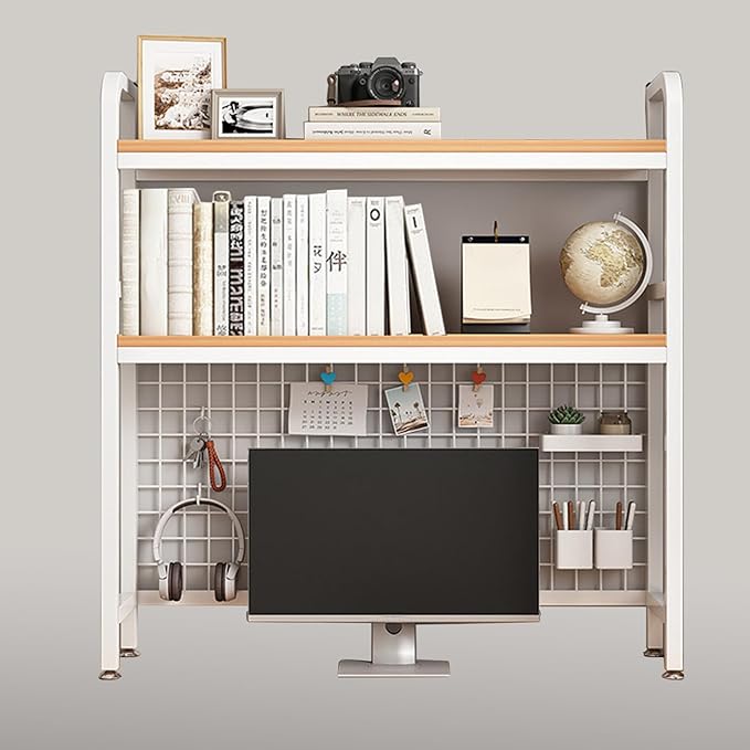 Desk Shelf Bookcase 2-Tier Metal Desktop Bookshelf Hutch with Grid Panel and DIY design possible Multipurpose Storage Organizer Display Rack for Dorm Office Home Computer Desk(White 37.4"×7.9"×38.6")